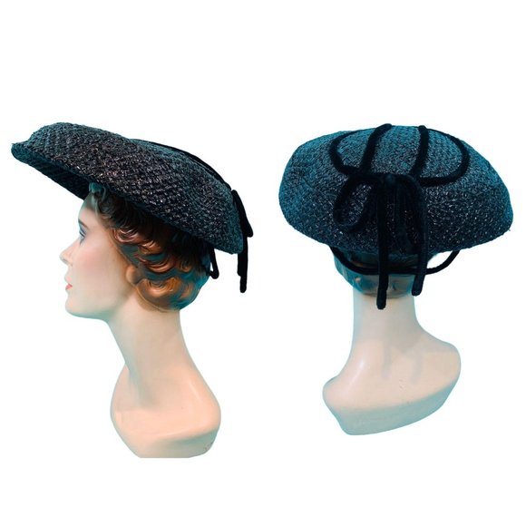 Vintage 1950s Wicker Hat Womens Large Black Sun Velvet Detail - Picture 7 of 11